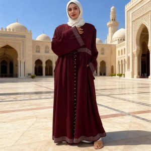9.9 Nida Material Abaya Simple Luxury Diamond Pearls <b>Cardigan</b> With Side Pockets With Front Small Belt Eid Women Abaya 1402# - Product Image 4