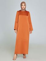 Robe abaya maxi élégante à manches longues en orange brûlé pour femme Tenue de soirée décontractée