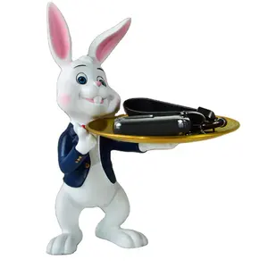 China Factory Supply Easter Home Decoration Small Ornament Hot Sale Resin Crafts Love Cute Rabbit Sculpture Statue With Trays