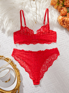 Red Floral Lace Bra and Thong <b>Set</b> Women's <b>Sexy</b> Lingerie Underwire Bralette With Embroidery Detailing Semi Sheer Intimates - Product Image 3