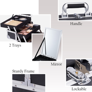 2 Trays <b>Makeup</b> Organizer Box with Mirror Portable Travel Cosmetic Suitcase for Nail Craft Beauty Tools Durable Jewelry <b>Case</b> - Product Image 4