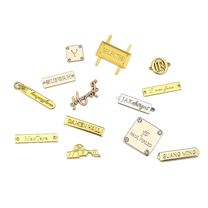 Accessori per abbigliamento personalizzati etichette per abbigliamento in metallo etichetta con logo in rilievo dorato in metallo per borse