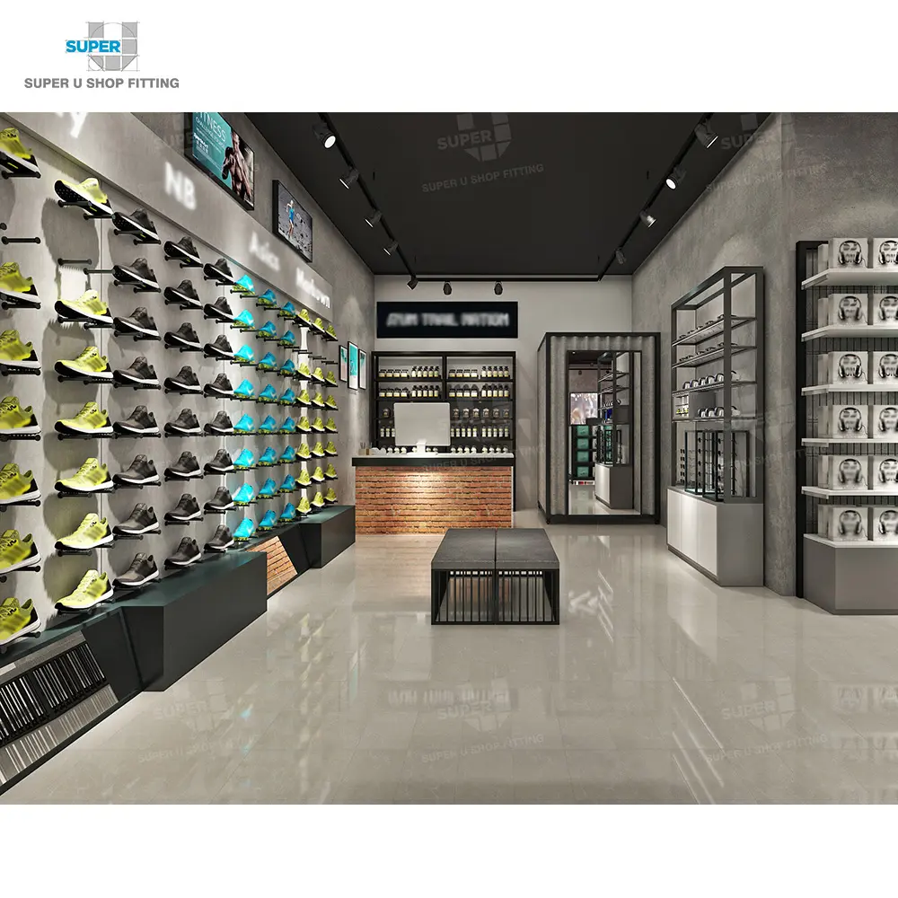 Grey مخصص حذاء رياضة تجهيزات تخزين تصميم الجملة التجاري مخصص رفوف معدنية الجدار تصميم التجزئة متجر الملابس الرياضية