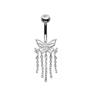 Piercing da <span class=keywords><strong>Ombelico</strong></span> Pendente di Grande Successo con Catena in Acciaio Inossidabile, Fiore di Zirconi Incastonati e Lunghe Nappe - Product Image 2