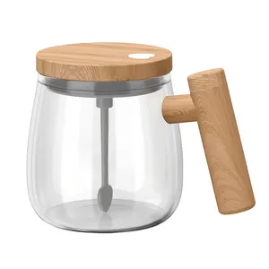 Caneca agitadora magnética automática para café, venda quente de copo de vidro para café, misturador com cabo de madeira, 2023