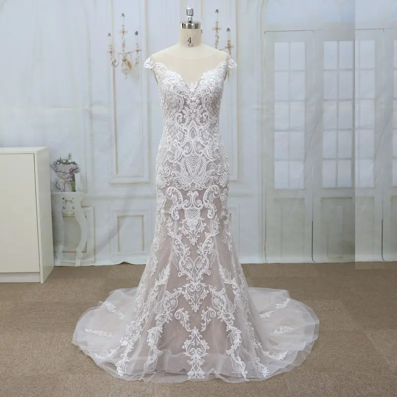 2022 new design elegant bridal gown with boat neckline luxury lace wedding dress mermaid