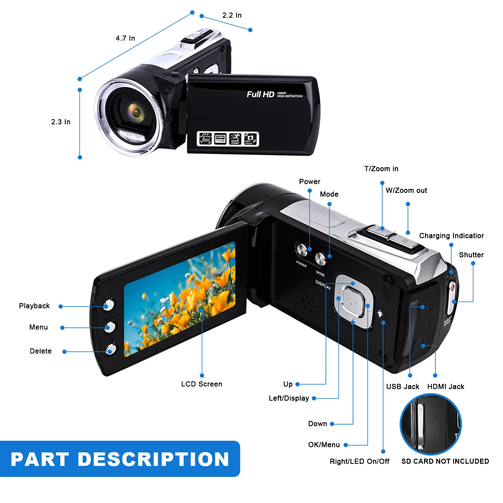 ウルトラHD3インチスクリーン18Xデジタルズームビデオレコーダーカムコーダー4K48MP60FPSビデオカメラ