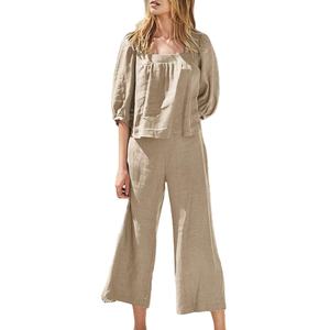 Nouveau Design de <span class=keywords><strong>grande</strong></span> <span class=keywords><strong>taille</strong></span> pour femmes, couleur unie, pantalon rétro, costume en coton et <span class=keywords><strong>lin</strong></span> décontracté pour dames, costume deux pièces - Product Image 1