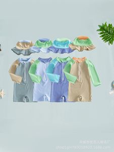 Ensemble <span class=keywords><strong>de</strong></span> maillots <span class=keywords><strong>de</strong></span> <span class=keywords><strong>bain</strong></span> à manches longues pour bébés garçons, à rayures colorées, protection solaire, avec bonnet - Product Image 2