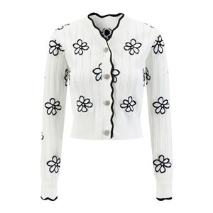Nuovo <span class=keywords><strong>Cardigan</strong></span> Invernale Coreano Retrò con Scollo a V <span class=keywords><strong>e</strong></span> Bordo Ondulato, Motivo Floreale <span class=keywords><strong>Bianco</strong></span> <span class=keywords><strong>e</strong></span> <span class=keywords><strong>Nero</strong></span>, Giacca di Alta Qualità con Motivo Floreale Lavorato a Maglia - Product Image 1