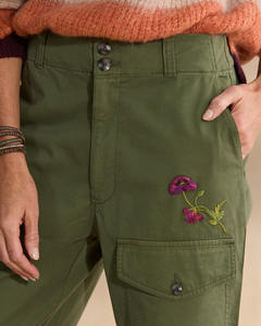 Pantalones Cargo Casuales de Algodón con Bordado Floral para Mujer, Corte Recto, Talle Alto Regular, Color Verde, Frente Plano - Product Image 6