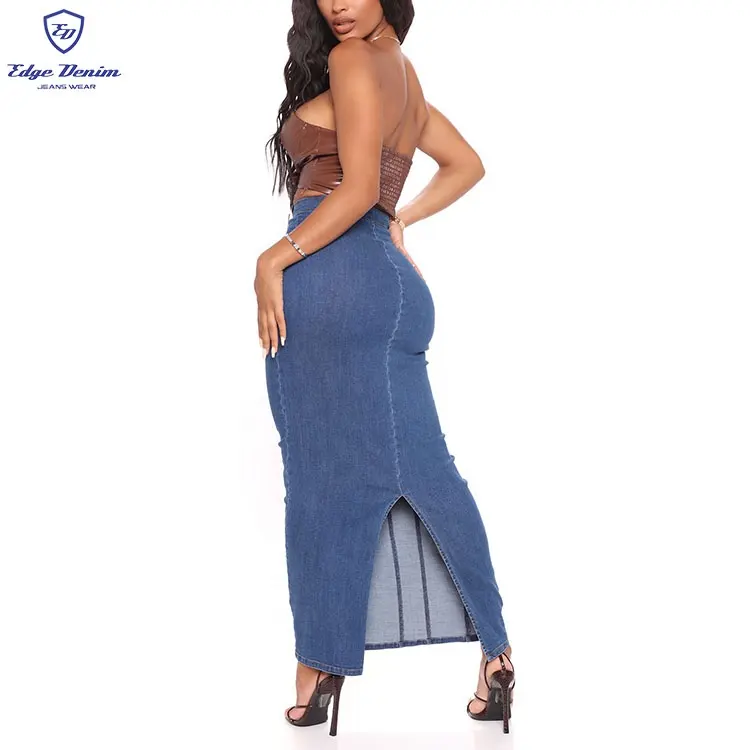 EDGE DENIM Wholesale split high waist medium pencil fit maxi denim wrap long jeans skirt for women