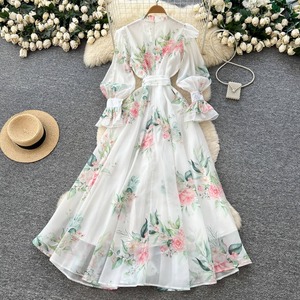 Robe longue romantique française pour femme, à col en V, manches longues, taille nouée, imprimé floral, respirante, coupe trapèze, garantie qualité - Product Image 2