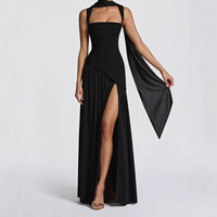 Robe de soirée plissée fendue à bretelles, coupe ample, dos nu, motif uni, longueur ras du sol, collection Printemps-Été