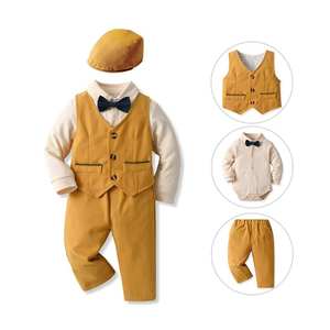 Ensemble de vêtements pour garçons, bleu clair, barboteuse à manches longues, <span class=keywords><strong>gilet</strong></span> bleu marine, pantalon + chapeau pour bébé et tout-petit, tenue printemps automne, 4 pièces - Product Image 3