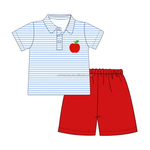 Newest Apple Applique Wholesale Summer Baby Girl Clothes Back To School Baby Blue Stripe Bubbles Romper