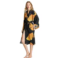 RTS Black Sleepwear With Ginkgo Leaf Printed Dresses Silk Satin Robe For Women In Summer