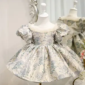 Vestido de princesa personalizado con tutú de lazo de bebé y Vestido corto de baile de lino Jacquard de manga de burbuja para niña retro española para fiesta de niños
