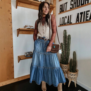 Falda Midi Vaquera Bohemio de Corte A <span class=keywords><strong>con</strong></span> Capas y Detalle de Botones, Estilo Urbano, Secado Rápido, Verano, Nylon/Algodón, Lavado al Agua - Product Image 2