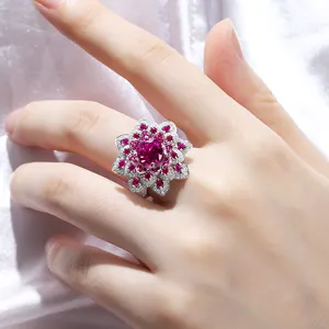 Luxury Women Large Gemstone Vintage Exaggerated Flower Red Corundum Ruby S925 Silver Ring