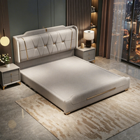 Lit de rangement moderne JUNYUHAO avec éclairage LED intégré, revêtement en tissu, mousse haute densité et cadre en pin – Taille Queen/King