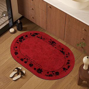 Alfombra de baño de estilo chino, diseño floral ovalado, absorbente, antideslizante, para entrada de baño, patrón de terciopelo rojo - Product Image 5