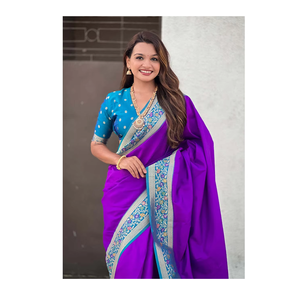 Sari en soie violette Elite Weaves Gala, Paithani Pallu Kadiyal Zari tissé, robes de soirée élégantes, détails complexes, léger 0,65g - Product Image 6