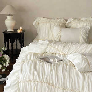 French Princess Style Cotton <b>Bedding</b> <b>Set</b> 4 Pcs Bubble Pleated Edge Duvet Cover Home Use Solid Color Breathable - Product Image 3