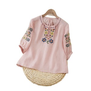 Embroidered Mid Sleeve Cotton Linen Top Women's Loose Round Neck Pullover Floral Print Everyday Wear Pink - Product Image 5