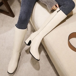 Bottes hautes pour femmes à bout carré, talon épais, avec fermeture éclair latérale, grande taille 45, effet miroir simple, pour dames - Product Image 5