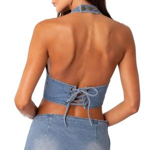 Top court sexy à col en V profond style denim western et jupe simple à fente latérale ajustée - Product Image 2