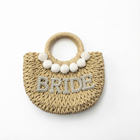 Sac de plage en paille personnalisé avec initiale perlée, deux poignées, fermeture à cordon, doublure en polyester, luxe, mariée, été