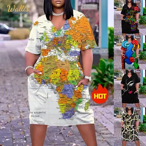 Stampa digitale personalizzata mappa modello vestito estivo africano scollo a v donne eleganti abito da spiaggia allentato vestito Casual T-Shirt