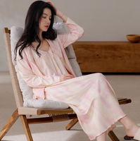 Ensemble de Nuisette et Cardigan d'Été Respirant en Mélange de Coton (95%) à Manches Longues et Col en V pour Femme, avec Détail Nœud, OEM ODM