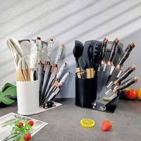 MK Set Gadget dapur, aksesoris dapur silikon tahan panas dengan pegangan kayu 19 buah