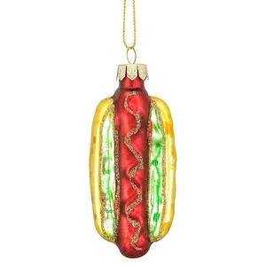 Factory Custom Hot Dog on Bun Relish Mustard Blown Glass Christmas Holiday Ornament Eco-friendly