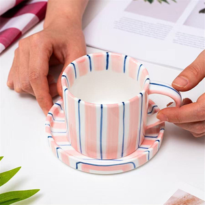 Modern 280ml Hot Selling <b>Ceramic</b> Pottery Cappuccino Coffee <b>Cup</b> with Handle Saucer Set Striped Latte <b>Cups</b> Plate - Product Image 2