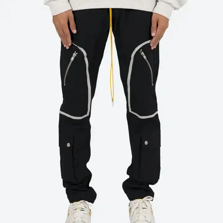 DENIMGUYS Fashionable Men Black Baggy Fit Big Zipper Pockets Cargo Pants With Drawstring Waist Men Hip Hop Cargo Pants