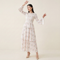 Robes maxi décontractées pour femmes, à motifs floraux, tissées, plissées, à col ample, à manches longues, avec des designs personnalisés acceptés