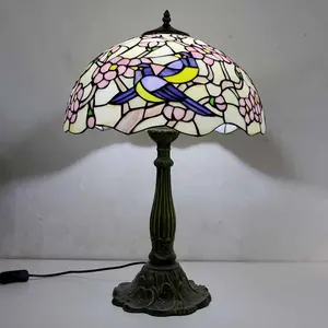LongHuiJing Twin Bird Plum Stained Glass Lampshade Tiffany Table Lamps Antique Art Style Desk Lamp With Lotus Metal Base