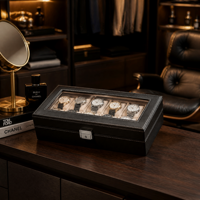 Boîte de présentation de montres de luxe personnalisée en cuir PU noir avec fenêtre en verre véritable, couture à la main de précision, velours beige, 10 emplacements