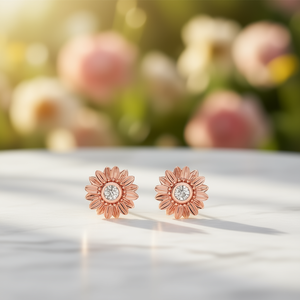 Orecchini a lobo con fiore in oro rosa e zirconi rotondi incastonati a castone, gioielli classici alla moda da donna, idea regalo - Product Image 2