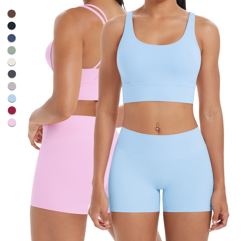 7113+7101 Women Yoga Set Sexy square Neck Bra Cross Strap High Waist Hip Lifting Stretchy Breathable Quick Dry Yoga Running Set