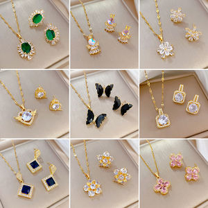 100 Styles de luxe 18k plaqué or chaîne en acier inoxydable Zircon cristal pendentif collier boucles d'oreilles ensemble de bijoux pour les femmes cadeau - Product Image 6