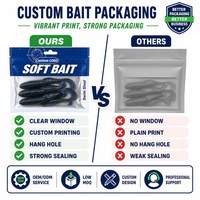 Sacs d'emballage personnalisés pour leurres souples de pêche avec logo, pochettes en plastique refermables à trois soudures latérales pour leurres, hameçons et appâts avec trou de suspension