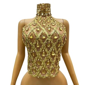 High Quality Blingbling <strong>Rhinestones</strong> Sexy Transparent <strong>Mesh</strong> Bandage Backless Halter Casual Floral Short Tank <strong>Top</strong> Women Evening - Product Image 1