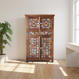 Vintage Indian Sheesham Wooden Bedroom Wardrobes Double Door Almirah Ceramic Tile Fitted Handcrafted For Living Room Hotel Room - Product Image 1