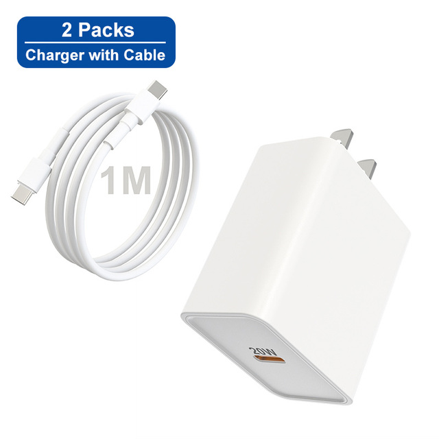 Hot Sales 2 Packs Type c Charger Set Fast Charging 20W Usb c Charger with Cable for Mobile Phone Power Charging