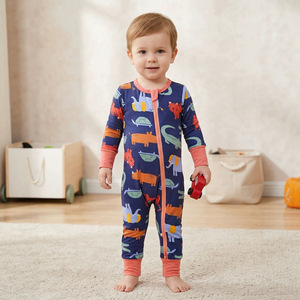 Lindo Mono de Fibra de Bambú con Cierre para Bebé, Traje de Manga Larga con Estampado Animal, Estilo Europeo para Niños, Todas las Temporadas, Clase A - Product Image 1