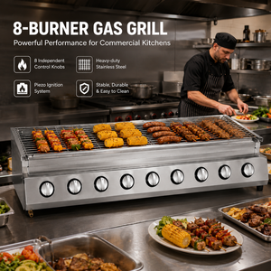 Parrilla de Gas LPG Comercial de 8 Quemadores, Parrilla de Mesa de Acero Inoxidable de 1080 mm con Perillas Independientes e Ignición Piezoeléctrica - Product Image 4